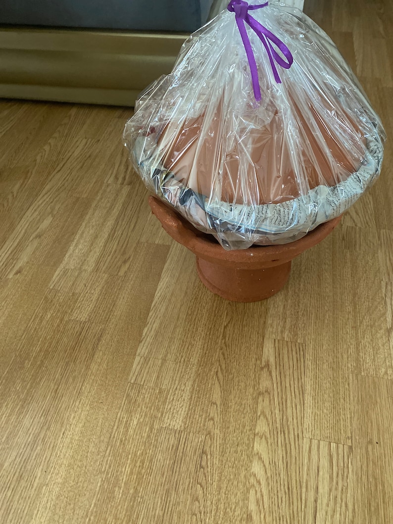May include: A terracotta tagine cooking pot with a lid, wrapped in clear plastic and tied with a purple ribbon.