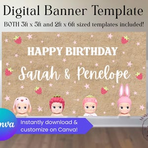 Może przedstawiać: Cyfrowy szablon banera z tekstem "HAPPY BIRTHDAY Sarah & Penelope" na brązowym tle z truskawkami i gwiazdami. Zawiera szablony o wymiarach 0,9 m x 1,5 m i 0,6 m x 1,8 m. Widoczne jest logo Canva.