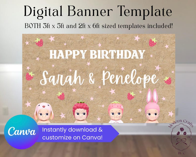 Może przedstawiać: Cyfrowy szablon banera z tekstem "HAPPY BIRTHDAY Sarah & Penelope" na brązowym tle z truskawkami i gwiazdami. Zawiera szablony o wymiarach 0,9 m x 1,5 m i 0,6 m x 1,8 m. Widoczne jest logo Canva.
