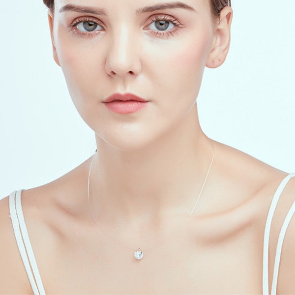 Collier pendentif diamant flottant - oxyde de zirconium cintré flottant simple - collier invisible - collier solitaire - collier cz minimaliste