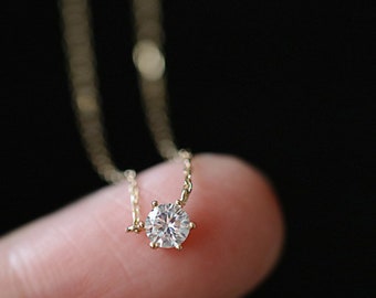 Schwimmende Diamant-Diamant Solitär-Halskette-Minimal 14k Halskette-CZ Solitär Anhänger-Zierliche Schlüsselbein Kette-Zarte Halskette-Solitär Anhänger