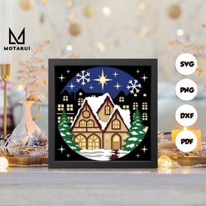 Svg de boîte à ombres village de Noël, caisson lumineux de Noël en papier découpé, fichiers cricut, boîte à ombres 3D crèche, papier cartonné en couches svg 3