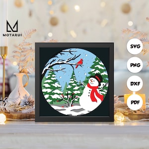 Bonhomme de neige 3D et cardinaux, modèle de boîte d'ombre en papier découpé 3D, boîte d'ombre SVG, pour Cricut, fichiers SVG à téléchargement numérique, Lightbox