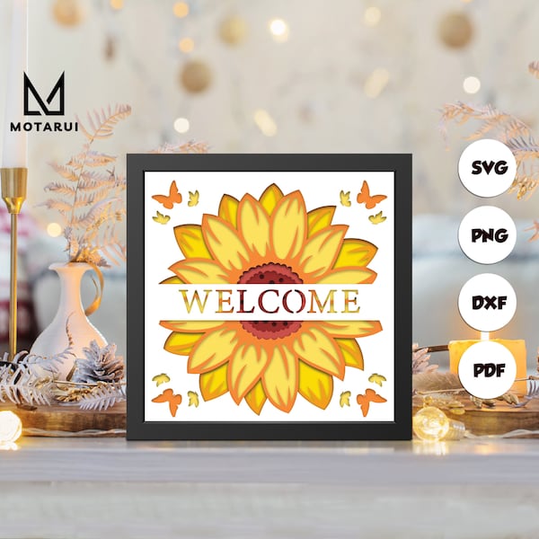 Sunflower Welcome shadow box svg, Welcome paper cut light box, cricut files, 3D Welcome shadow box, layered cardstock svg Sunflower Welcome shadow box svg, Welcome paper cut light box, cricut files, 3D Welcome shadow box, layered cardstock svg