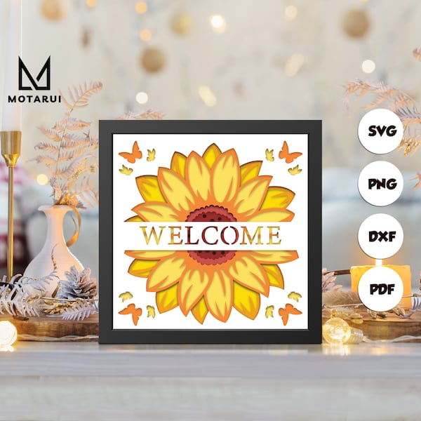 Sunflower Welcome shadow box svg, Welcome paper cut light box, cricut files, 3D Welcome shadow box, layered cardstock svg