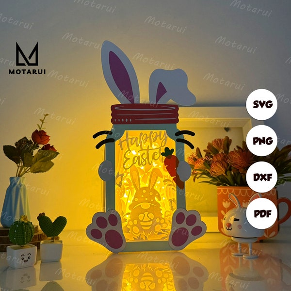 Gnome Easter Bunny Mason Jar Box Lamp For Easter Decor, Bunny Mason Jar Box SVG for Cricut Project DIY, Bunny Shadow Box