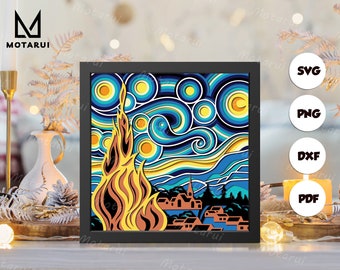 3D Starry Night, 3D Paper Cut Shadow Box Template, Shadow Box SVG, For Cricut, SVG Digital Download Files, Lightbox 3