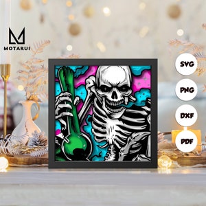 Tête de mort fumée 3D, modèle de boîte d'ombre en papier découpé 3D, boîte d'ombre SVG, pour Cricut, fichiers SVG à téléchargement numérique, Lightbox