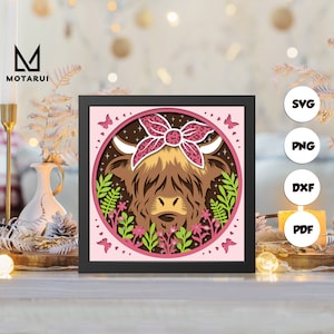 3D Highland Cow, 3D Paper Cut Shadow Box Template, Shadow Box SVG, For Cricut, SVG Digital Download Files, Lightbox