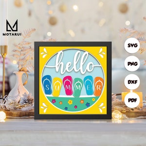 Bonjour l'été 3D, modèle de boîte d'ombre en papier découpé 3D, boîte d'ombre SVG, pour Cricut, fichiers SVG à téléchargement numérique, Lightbox