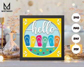 3D Hello Summer, 3D Paper Cut Shadow Box Template, Shadow Box SVG, For Cricut, SVG Digital Download Files, Lightbox