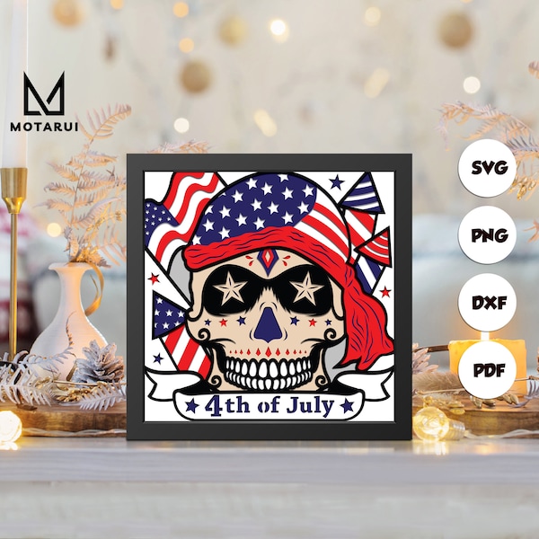 4th Of July Skull shadow box svg, Skull paper cut light box, cricut files, 3D Skull shadow box, layered cardstock svg