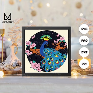 Paon 3D, modèle de boîte d'ombre en papier découpé 3D, boîte d'ombre SVG, pour Cricut, fichiers SVG à téléchargement numérique, Lightbox 3