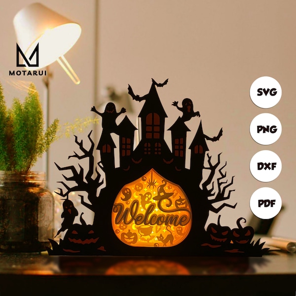 Welcome Haunted Castle Shadow Box SVG Template, Halloween Paper Castle Lantern For Halloween Season DIY Welcome Haunted Castle Shadow Box SVG Template, Halloween Paper Castle Lantern For Halloween Season DIY