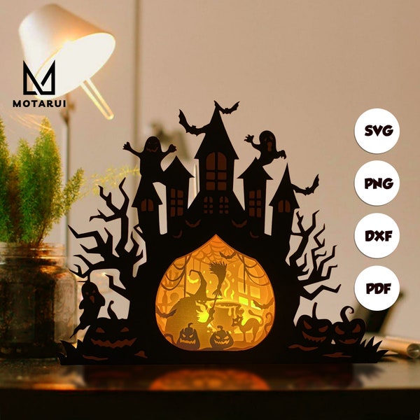 Witch Haunted Castle Shadow Box SVG Template, Halloween Paper Castle Lantern For Halloween Season DIY Witch Haunted Castle Shadow Box SVG Template, Halloween Paper Castle Lantern For Halloween Season DIY
