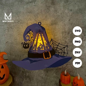 Lampada a forma di cappello da strega per la decorazione della casa, lanterna di Halloween in formato SVG per progetto Cricut fai da te, scatola delle ombre di Halloween