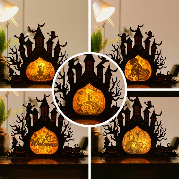 Pack 5 Halloween Haunted Castle Shadow Box SVG Template, Halloween Paper Castle Lantern For Halloween Season DIY