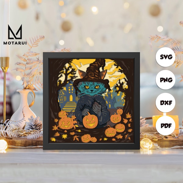 Witch Cat shadow box svg, Witch Cat paper cut light box, cricut files, 3D Autumn Fox shadow box, layered cardstock svg 3