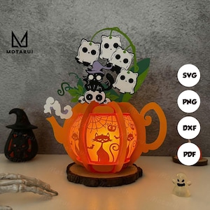 Lanterne bouilloire fleurs 2 chat Halloween svg, caisson lumineux Halloween papier découpé, fichiers cricut, zone d'ombre Halloween 3D, svg de papier cartonné en couches