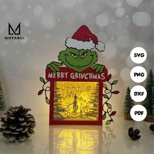 Lanterna natalizia Merry Christmas Box 1 per decorazioni domestiche, lanterna natalizia SVG per progetti Cricut fai da te, scatola di ombre natalizie
