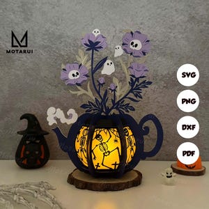 Lanterna Bollitore Fiori Scheletri Danzanti SVG, scatola luminosa di carta ritagliata di Halloween, file Cricut, scatola delle ombre 3D di Halloween, cartoncino a strati SVG