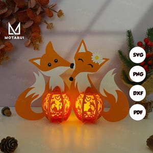 Lampada coppia di volpi lanterna per arredamento casa, coppia di volpi lanterna SVG per progetto Cricut fai da te, coppia di volpi lanterna Shadow Box