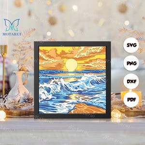 Coucher de soleil et plage 3D, modèle de boîte d'ombre en papier découpé 3D, boîte d'ombre SVG, pour Cricut, fichiers SVG à téléchargement numérique, Lightbox