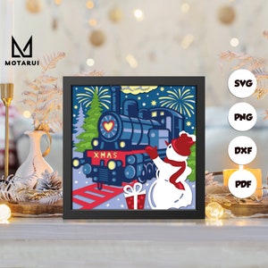 Train de Noël 3D, modèle de boîte d'ombre en papier découpé 3D, boîte d'ombre SVG, pour Cricut, fichiers SVG à téléchargement numérique, Lightbox