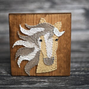 Puede incluir: Una pieza de arte de hilo hecha a mano que representa la cabeza de un caballo. La obra de arte está hecha con hilo blanco, marrón y beige sobre un cuadrado de madera teñida. La melena y la cara del caballo están intrincadamente detalladas.