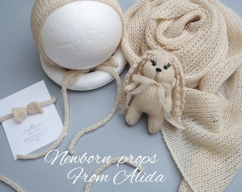 Mohair Newborn Photography Prop Set: Bear, Bunny, Wrap