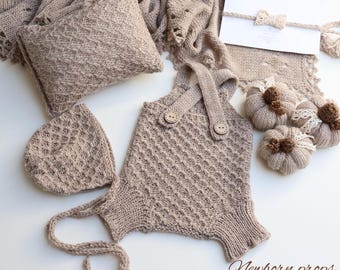 Alpaca Newborn Photo Prop Set: Lifestyle Baby Outfit, Pumpkins
