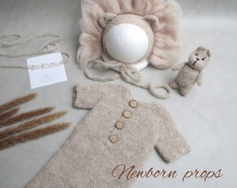 Newborn Lion Photo Prop: Alpaca Knit Baby Outfit with Removable Mane