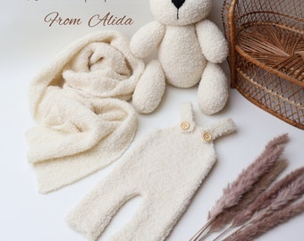 Newborn Photo Prop Set: Alpaca Bear, Romper & Wrap