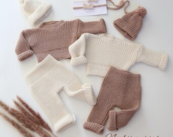 Alpaca Newborn Photo Prop Set: Pullover, Pants, Hat & Headband