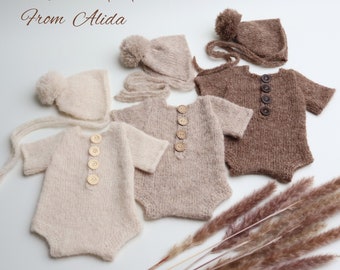 Alpaca Knit Newborn Photo Prop Set: Baby Bodysuit & Hat