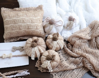 Boho Newborn Photo Prop Set: Baby Wrap, Pillows, Pumpkins & Headband