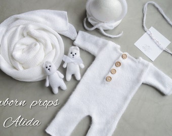 White Knit Newborn Romper Set: Alpaca Photo Prop