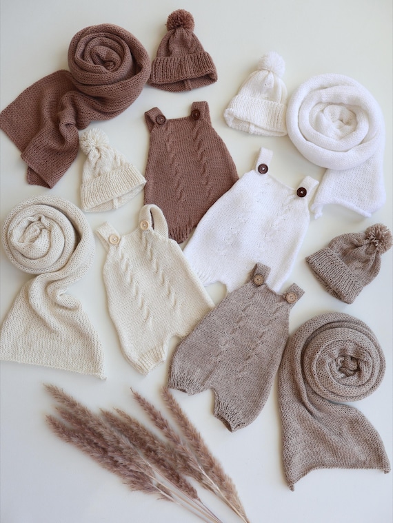 Alpaca Newborn Romper, Hat, Wrap Set – Handmade Knit Photography Prop