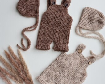 Alpaca Knit Newborn Photo Prop Set: Baby Bodysuit and Hat