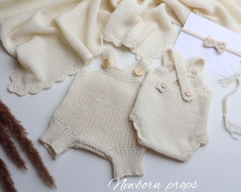 Alpaca Newborn Photo Prop Set: Knit Rompers & Blanket