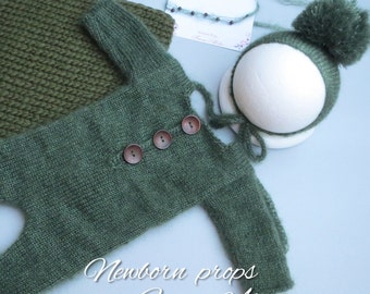 Alpaca Knit Newborn Romper Set: Green Baby Photo Props