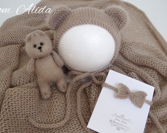 Newborn Mohair Wrap Set: Beige Bear, Hat, Headband Photo Prop
