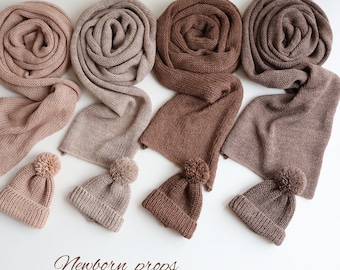 Alpaca Knit Newborn Photo Prop Set: Baby Wrap and Hat