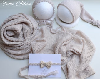 Alpaca Knit Newborn Photo Prop Set: Baby Wrap & Bonnet