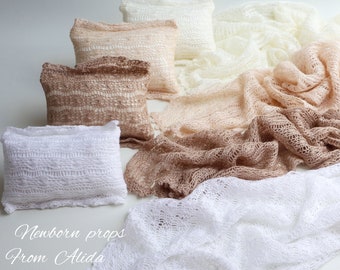 Knitted Alpaca Newborn Photo Prop Set: Beige Wrap & Headband