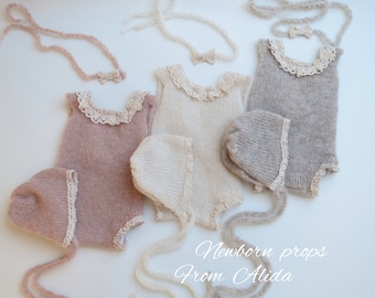 Boho Newborn Photoshoot Outfit: Alpaca Knit Bodysuit & Bonnet