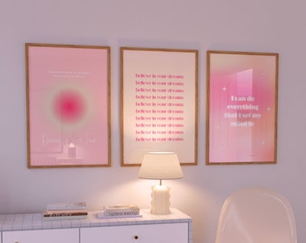 Pink Gradient Aura Poster Set, Set of 3 Trendy Affirmation Prints, Girly Room Decor, Manifest Posters, Spiritual Wall Art, DIGITAL DOWNLOAD