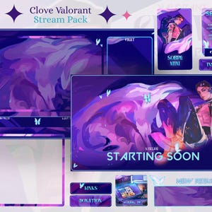 Könnte beinhalten: Ein Clove Valorant Stream-Paket mit violetten und blauen digitalen Grafiken und Schmetterlingsmotiven. Enthält Overlays für Chat, Starting Soon und Schaltflächen mit dem Text Links, Donation, Sobre Mim, Instagram, Seja Sub.