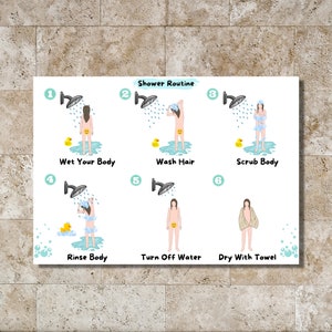 Shower Routine chart- Learning- Visual Aid- Girl- illustration- For kids- printable- instant download