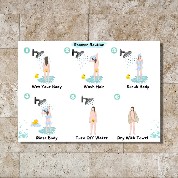 Shower Routine chart- Learning- Visual Aid- Girl- illustration- For kids- printable- instant download
